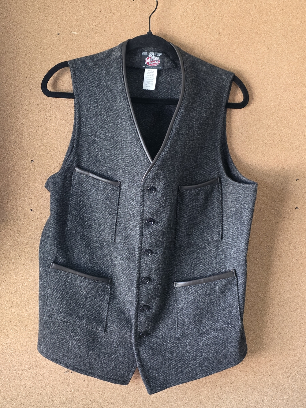 Vintage Johnson Woolen Mills Grey Herringbone Wool Vest Leather Trim M USA Made
